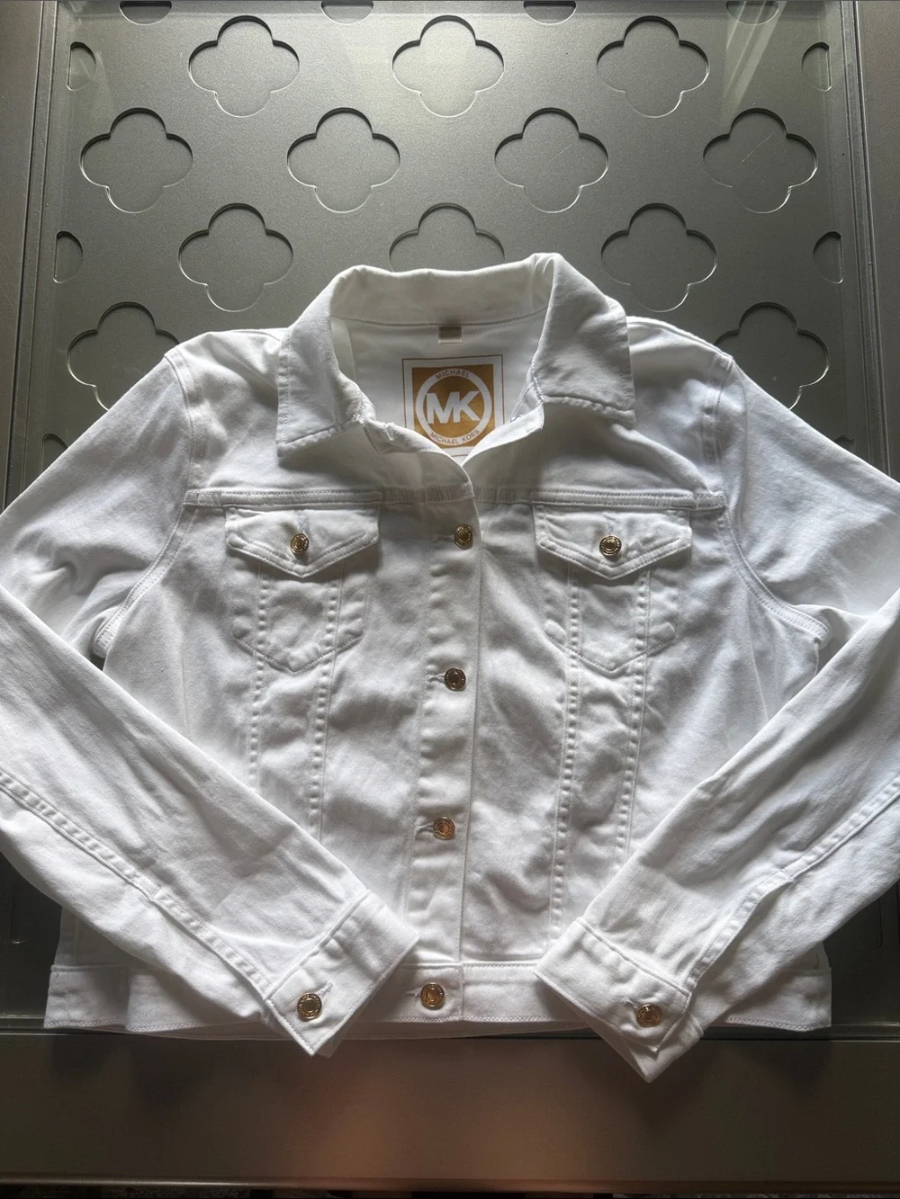 MICHAEL KORS White Denim Jacket Gold Logo Buttons Women’s Size XL Stretch